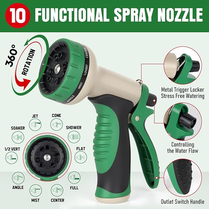 Heavy Duty Garden Hose 100ft with Nozzle, NON-EXPANDABLE Flexible Water Hose, Kink Resistant Lightweight Hybrid Hose, Leakproof Hose Male to Female Fittings