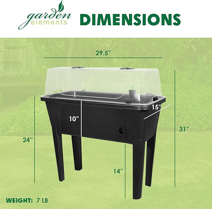 Garden Elements Black Elevated Raised Garden Bed, 29.5" x 15" - Self-Watering Planter Box with Ventilated Grow Dome for Indoor/Outdoor Vegetables, Herbs & Seed Starting