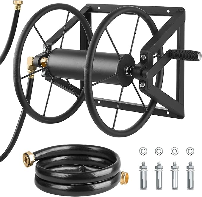 VEVOR Wall Mounted Garden Hose Reel, Holds 200 ft 5/8-inch Manual Water Hose Winder, Heavy-Duty Steel, Outdoor Reel with Brass Fitting & 5ft Leader Hose, Space Saving, for Yard Lawn Garage