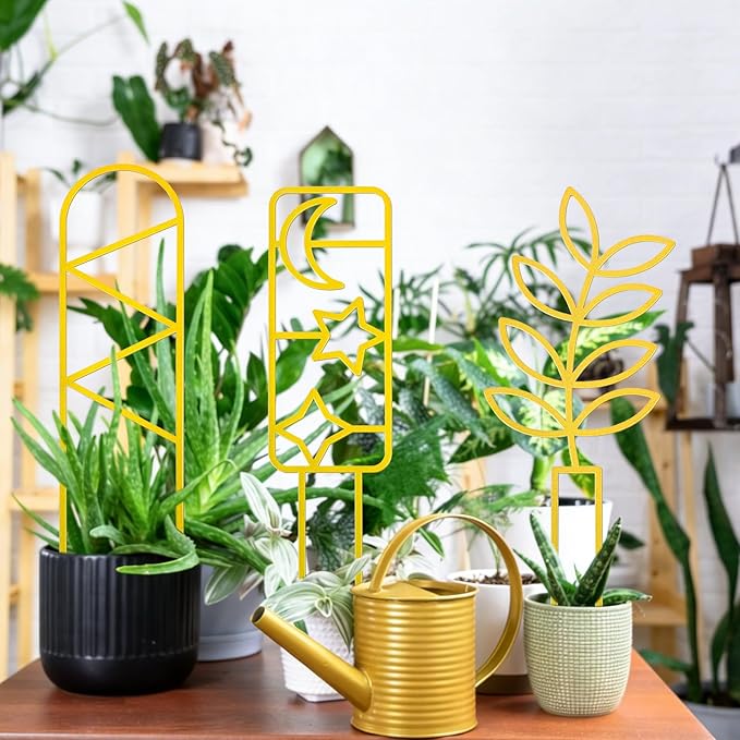 4 Pcs Indoor Plant Trellis for Climbing Plants, Small Trellis for Potted Plants, Garden Metal Trellis Plant Support Trellis with Different Patterns for Vine Ivy Flower (Unique,Gold)
