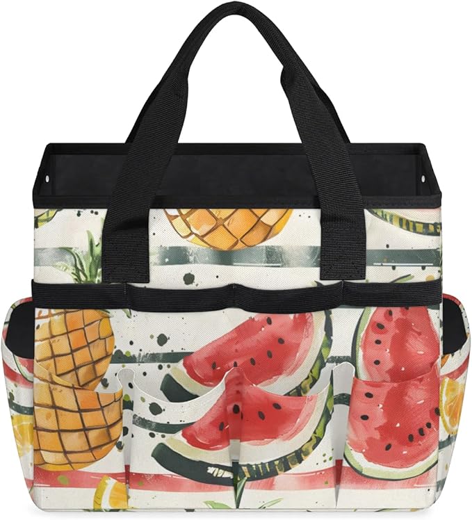 Garden Tool Bag Organizer Garden Tote Bag with Pockets Striped Watermelon Pineapple Tool Storage Organizer Gardening Tool Kit Holder 13" x 6.8" x 2.8"