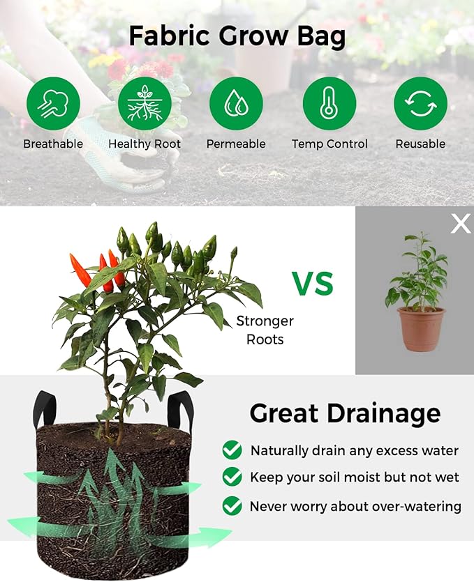 10 Gallon Grow Bags Planter Bag, Independence Day Vintage USA Flag Red Stripe Fabric Plant Pots with Handle,Flower Grow Bag for Vegetable Potato Tomato, Patriotic Star on Blue Gardening Bags