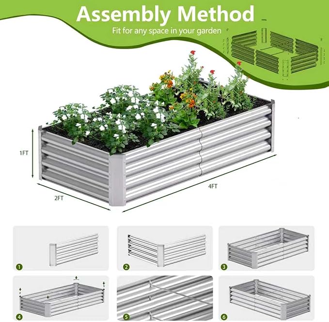 2PCS 4x2x1FT Galvanized Raised Garden Bed Kit, Galvanized Planter Raised Garden Boxes Outdoor, Large Metal Raised Garden Beds for Vegetables-Silver