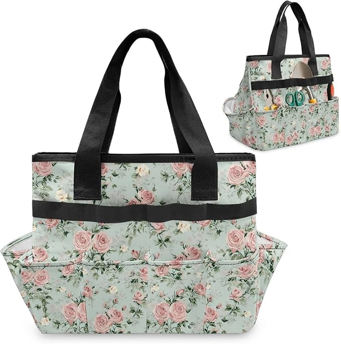 Rose Print Garden Tool Bag Portable Gardening Tool Organizer Bag with 10 Pockets and Handle Tool Carrier and Storage for Garden Lawn Yard Casual Camp