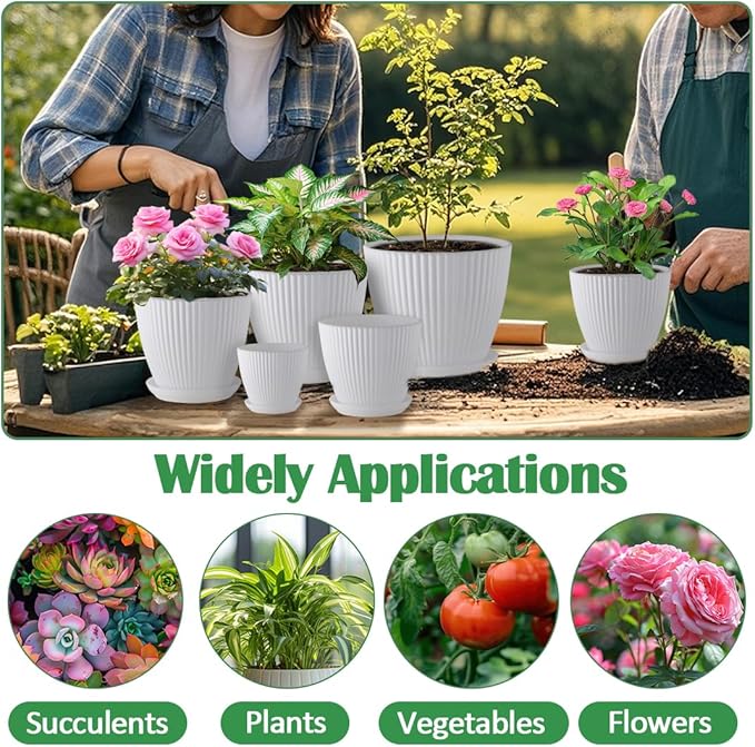 RooTrimmer 7.5/6.5/5.5/4.9/4.2/3.5 Inch Plant Pots with Drainage Holes and Saucer, Plastic Flower Pots for Indoor Plants, Lightweight Planter Pots for Plants, White