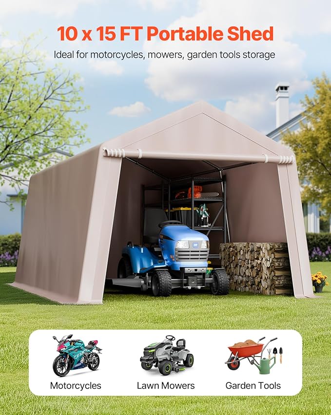 VEVOR 10x15 ft Instant Garage Portable Carport Car Canopy, Outdoor Portable Storage Shed with Roll-up Zipper Door and Ventilated Windows for Cars, Garden Tools