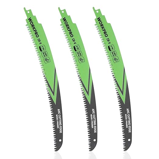WORKPRO 12" Japanese Teeth Wood Pruning Reciprocating Saw Blades Set, Arc Cutting Edge 6TPI Pruning Saw Blades for Tree Pruning, Wood Cutting, Durable & Sharp, 3 Pack