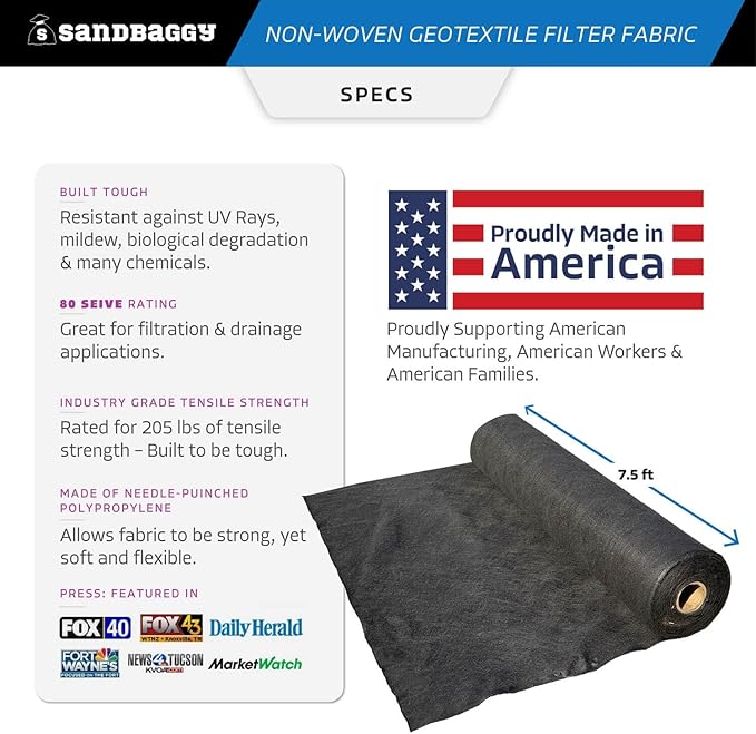 Sandbaggy Non Woven 8 oz Geotextile Landscape Fabric | Industrial Grade Fabric | 205 Lbs of Tensile Strength | UV Protected from Sun Exposure | Approved by DOT (7.5 ft x 300 ft Roll), Black