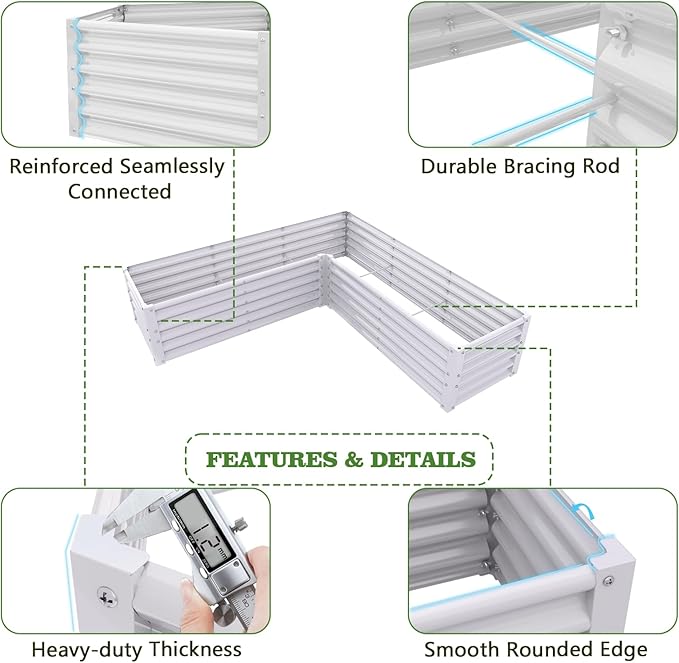 A ANLEOLIFE 8-Piece 18 Inch Tall Antique White Raised Garden Beds Kit, L-Shaped & Square Metal Planters – Ideal for Structured Backyard Layouts