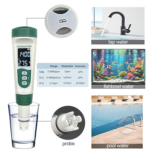 Aquarium Salt Tester - Pool Test Strips, Digital PH Meter for Water, Aquarium Monitoring Tool, Pond Checker, Fish Tank Water Analyzer, 5-in-1 Salinity, PH, TDS, EC, and Temperature Meter
