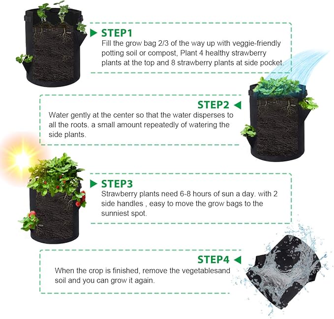 GOTGELIF 10 Gallon Strawberry Grow Bags 2-Pack, Thickened Nonwoven Grow Pots with 8 Pockets & Reinforced Handles for Strawberries, Tomatoes, Peppers, Herbs, Flowers