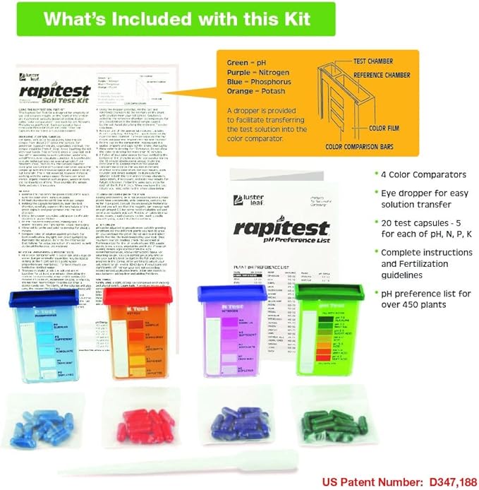 Rapitest Soil Test Kit for Gardens,Vegetables,Flowers and Lawns. USA designed and assembled soil tester completely,quickly & accurately measures/analyzes-soil pH acidity & garden nutrients(Pack of 6)