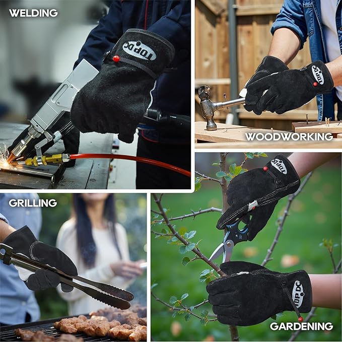 TOPDC 2 Pairs Leather Work Gloves for Men or Women, Cowhide Leather Gloves for Gardening, Tig/Mig Welding, Chainsaw, Farm, Ranch, Reinforced Palm, Adjustable Cuff, Cotton Lining, Firm Grip & Durable