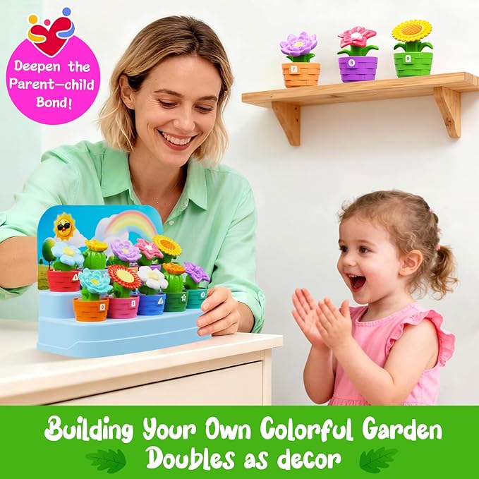 Marlrin Montessori Flower Garden Building Toy for Toddlers, Kids Gardening Set with Watering Can, Shovel, Rake, Shape & Color Sensory Toys, Toddler Outdoor Toys,Preschool Gift for Baby Girls Boys