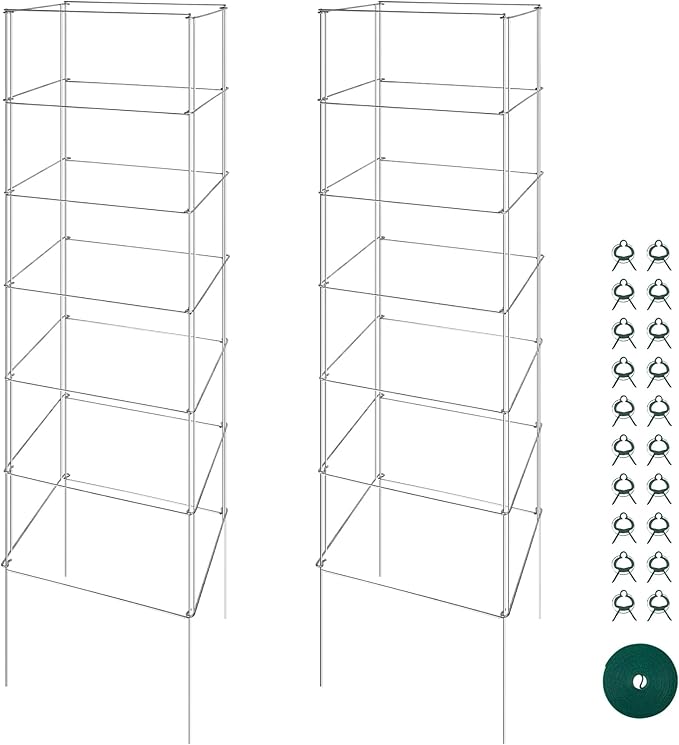Metal Foldable Tomato Cages 13" x 56", Square Tomato Cages Plant Support for Vegetable Garden, Heavy Duty Tall Tomato Cages for Beans, Tomatos, Cucumbers - 2 Pack