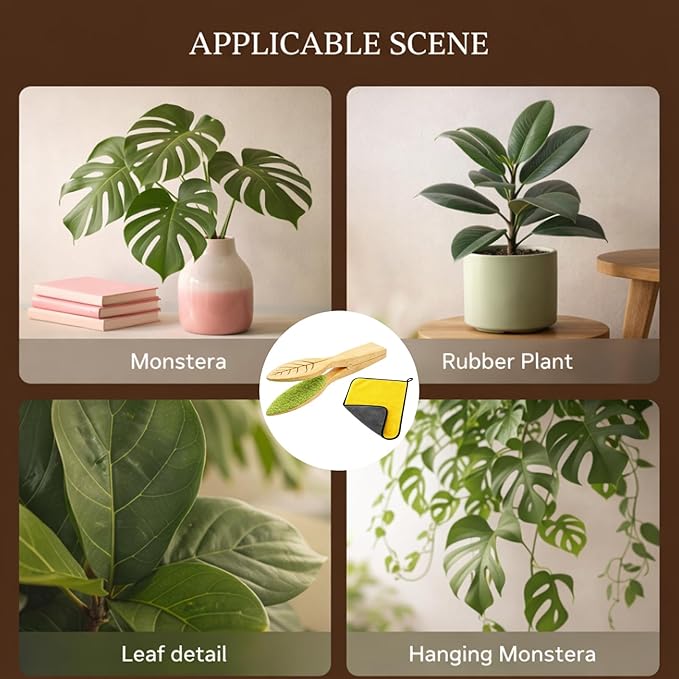 Leaf Cleaning Tongs, Plant Leaf Cleaner, Plant Duster and Leaf Cleaner for House Plants, Gentle Dust Removal Tool for Indoor Plants, 2-Piece Set with Cleaning Brush and Towel