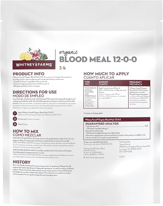 Whitney Farms Organic Blood Meal 12-0-0 - Nitrogen-Rich Fertilizer for Growth in Flowers, Vegetables, Bulbs, Trees and Shrubs - 3 lb.