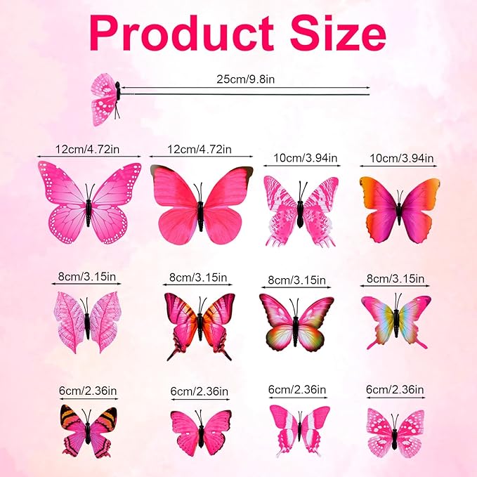 12pcs Decorative Butterfly Plant Stakes, 9.8in Lifelike Butterfly Garden Stakes PVC Waterproof Flower Pot Decorations for Garden Lawn Patio Indoor Outdoor Yard Planter Art Decor (Pink)