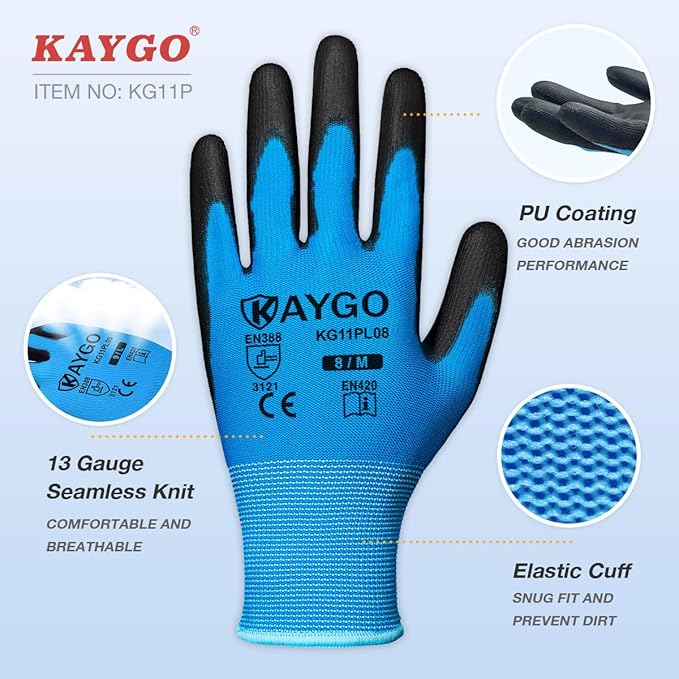 KAYGO Work Gloves for Men and Women,12 Pairs Seamless Knit PU Coated Safety Gloves, with Smooth Grip on Palm and Fingers, Ideal for Light Warehouse, Manufacturing, Gardening, KG11P (S, Blue)