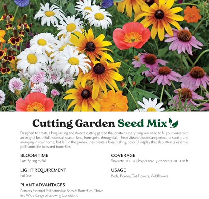 Grow Your Own Vibrant Annual and Perennial Wildflower Garden Seeds Mixture, Varieties for Pollinators and Spring Gardens - Cutting Garden Mix, 1 lb