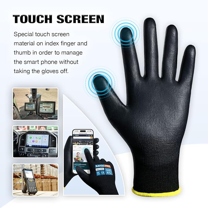 Work Gloves PU Coated for Men and Women, 12 Pairs Safety Work Gloves with Two Fingers Touchscreen, Breathable and Lightweight,Ideal for Light Warehouse, Manufacturing, Gardening, KG11P (M,Green)