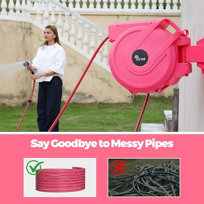 Retractable Garden Hose Reel 5/8 in x100 ft, Heavy Duty Wall Mounted Hose Reel with 10- Function Sprayer Nozzle, Any Length Lock/Automatic Slow Return System,180° Swivel Bracket