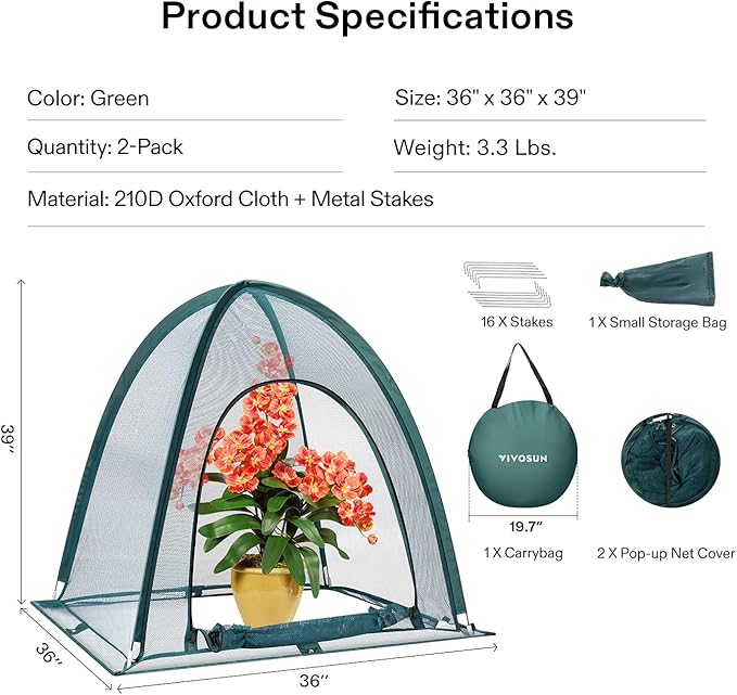 VIVOSUN Garden Netting Cover, 36 x 36 x 39 Inch Pop-up Guard Cover with Zip Entry for Plants, Vegetables, Fruits, Outdoor Run and Enclosure for Small Animals, 4-Pack, Green