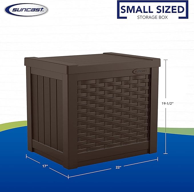 Suncast Small Outdoor Storage Box - 22 Gallon Java Resin Outdoor Deck Box, Flat-Lid Bench Seating, Patio Storage Bin Container for Organizing Tools, Cushions for Porch, Deck, Pool, & Garden
