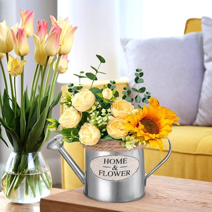 Cabilock 3pcs Rustic Galvanized Metal Vase with Jute Rope Handles - Farmhouse Decorative Flower Pot, Vintage Watering Can Pitcher for Home Decor, Wedding Centerpiece, Tabletop Floral Arrangement