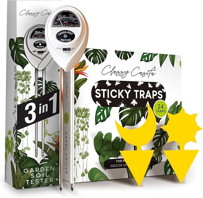 Classy Casita Plant Care Bundle: Sticky Traps, 24-Pack Plant Sticky Traps & 3-in-1 Garden Soil Tester Kit, Indoor and Outdoor Measuring Tool for House, Garden, Lawn,& Farm, White