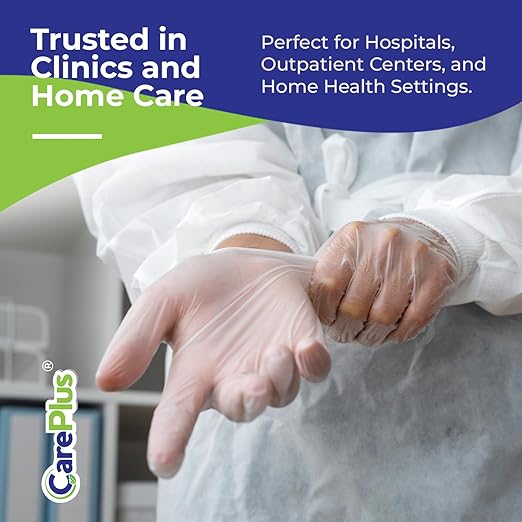 CARE PLUS Vinyl Gloves Clear Medium Size 1000 Count | Heavy Duty, Non-Sterile, Powder-Free, Latex-Free Rubber | Food Prep, Kitchen & Cleaning Gloves, Ideal for Professional Use