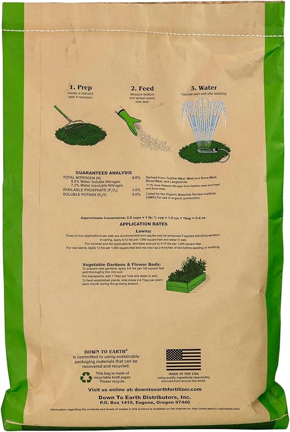 Down To Earth All Natural Fertilizers Organic Bio-Turf Lawn Food for Grass, Landscape and Ornamentals - Works with Lawn Spreaders 8-3-5, 25 Lb