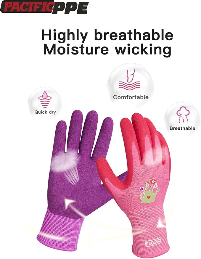 PACIFIC 6 Pairs Gardening Gloves for women, Rubber Coated Garden Gloves, Ladies Yard Work Gloves, Breathable, Purple & Yellow & Red, Small
