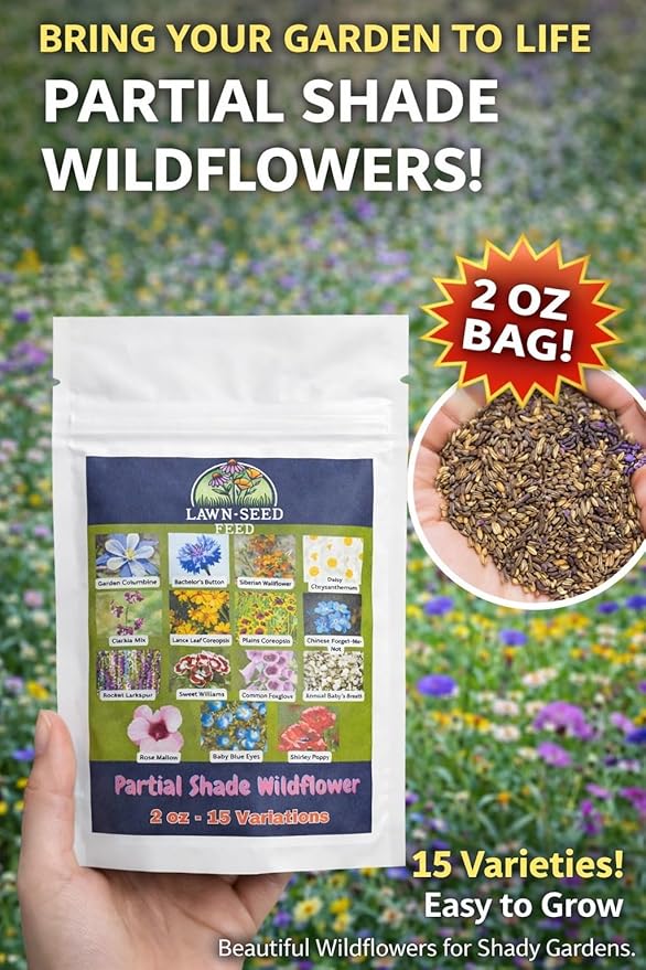 Partial Shade Wildflower Mix - (2oz) - Brighten shady spaces with vibrant blooms that flourish in sunlight. Perfect for yards, garden beds, and fence lines—bringing color where other flowers struggle!