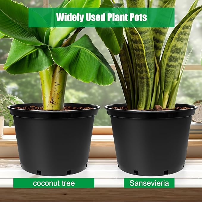 RooTrimmer 7 Gallon Plastic Nursery Pots, 15 Inch Large Plastic Pots for Plants, Round Plant Pots with Drainage Holes, Flower Pots for Outdoor Indoor Plants, Gardening Gifts for Women (5-Pack, Black)