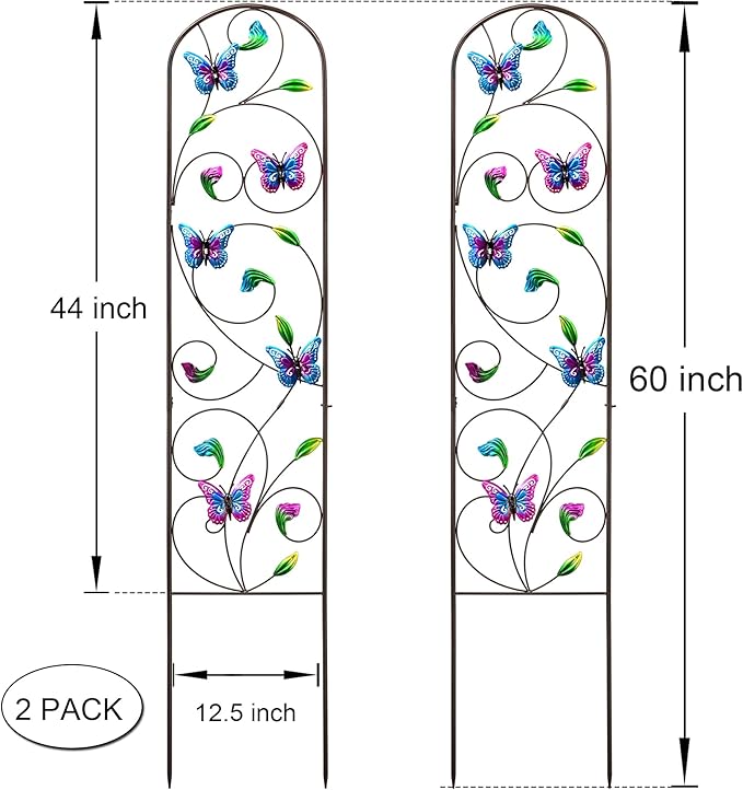 Set of 2 Metal Butterfly Garden Trellis for Climbing Plants, Decorative Vegetables Flowers Vine Trellis for Outdoor Patio, 60'' H x 12.5'' W, Elegant Design (Butterfly)