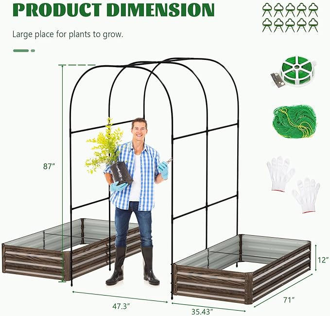 3 in 1 Galvanized Raised Garden Bed with 87" H Arch Trellis for Climbing Plants, Outdoor Gardening Planter Box with Climbing Net for Flower Vegetables Fruits Herbs, Wood Grain
