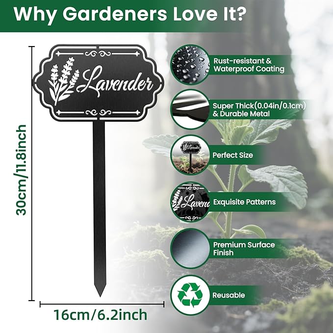 CUTHOLLOW Metal Plant Marker Stake Lavender for Outdoor Indoor, Waterproof 11.8 inch Cute Garden Plant Labels Sign Tag for Herb, Farmhouse Greenhouse Decor - Funny Gardening Gifts