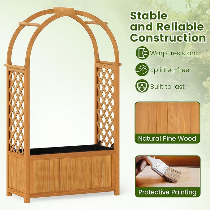 Giantex Raised Garden Bed with Arch Lattice Trellis, for Climbing Vine Flower Vegetable, Wood Planter Box with Liner & Drainage Design, Outdoor Plant Container for Yard Balcony (33"x15"x57")