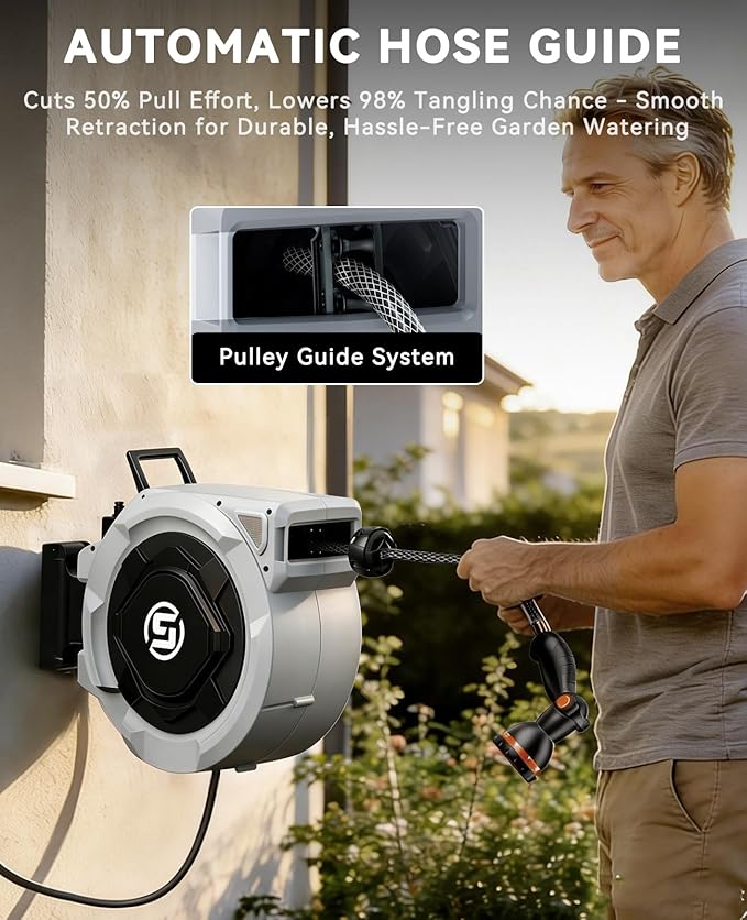SUNPOW Retractable Garden Hose Reel - 5/8in x 65ft Heavy Duty Wall Mounted Hose Reel with 3/4in Brass Fitting & 10 Function Nozzle - Any Length Lock, Auto Rewind System, 180°Swivel Bracket - Gray