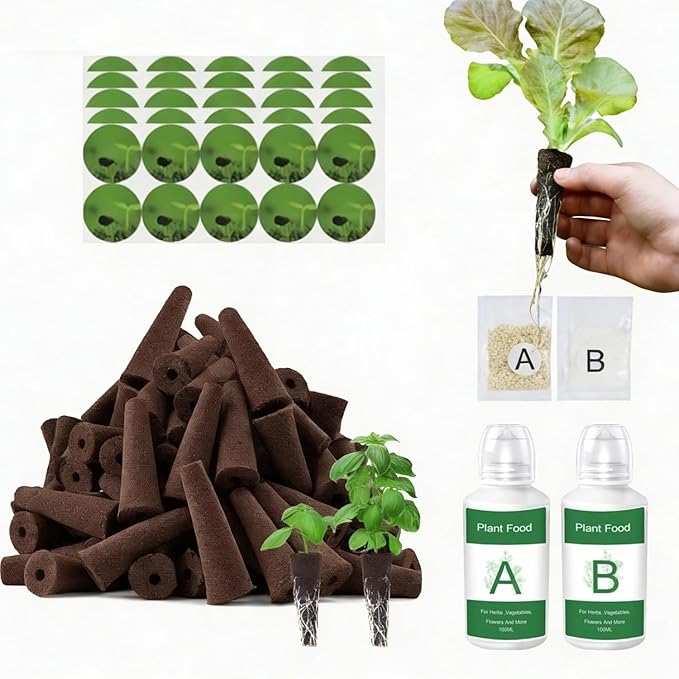 52 Pack Hydroponic Seed Starter Refill Kit - Compatible with Aerogarden & Most Indoor Growing Systems - Includes Grow Sponges,Pod Labels,A&B Plant Food Nutrients (24 Sponges&Labels + A&B Nutrients)