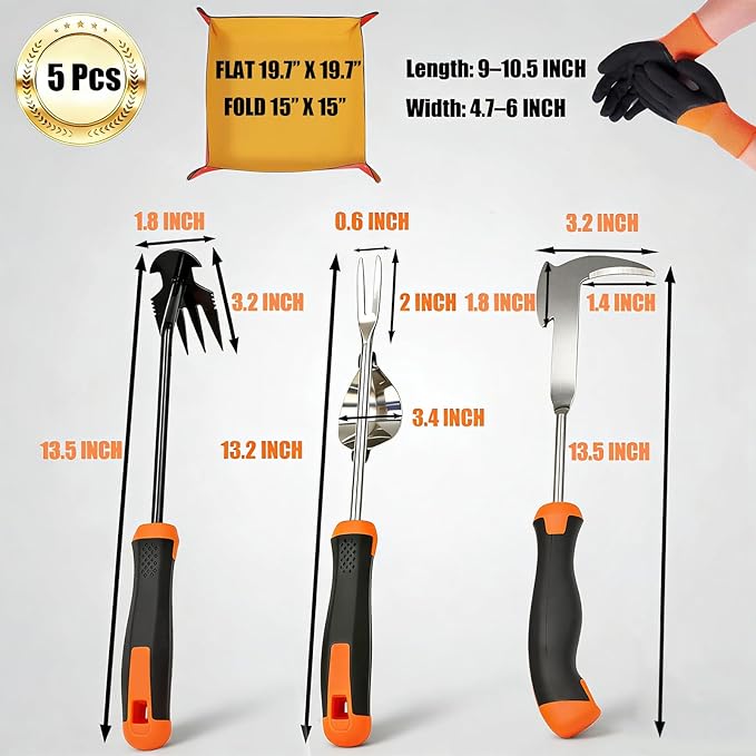 5 Pack Hand Weeder Tool, Stainless Steel Manual Weed Puller Tool Set for Weed Removal, V-Shaped Digger, Crack Weeder Tool, 4 Teeth Garden Hand Tools, Gardening Tools for Lawn, Patio, Sidewalk Cleanup