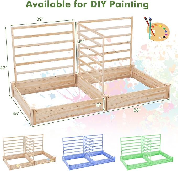 Raised Garden Bed with 3 Trellises, 2 Large Wooden Planter Boxes with Trellis for Vine Climbing Plants Flowers, Modular Design for Outdoor Garden Patio Backyard, 88"L x 45"W x 43"H, Natural