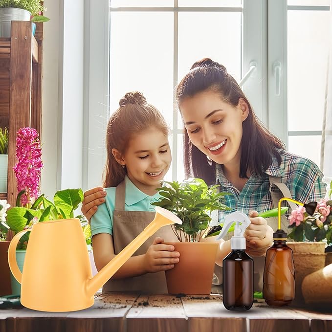 Reallnaive 6 Pcs Indoor Watering Can Set 1/2 Gallon Can 6.8 oz Spray Bottle 17 oz Squeeze Bottle Plant Watering Globes Soil Moisture Meter Small Spraying Sets for Indoor Outdoor(Yellow)