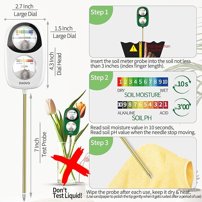 2-in-1 Moisture Meter for Plants, Soil Moisture Meter & PH Tester, Large Dual-Screen Soil Test Kit, Essential Garden Tools for Indoor/Outdoor Garden, Lawn, Farm, No Battery Needed