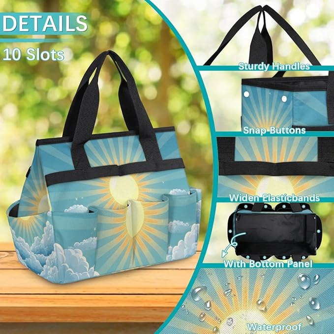 Garden Tool Bag Organizer Garden Tote Bag with Pockets Sunshine Clouds Tool Storage Organizer Gardening Tool Kit Holder 13" x 6.8" x 2.8"