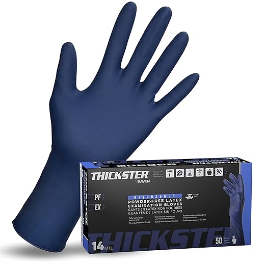 Thickster Powder-Free Exam Grade Latex Disposable Gloves. Size Large. Blue, 14 mil Thickness, 12" Length. Fully Textured for Superior Grip. Single Use. Pack of 50. (6603-20)