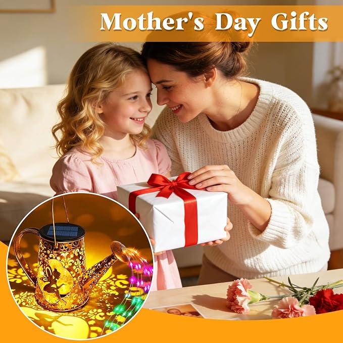 Solar Watering Can Lights, Fairy Gifts for Mothers Day Women Mom Grandma Birthday, Waterproof Outdoor Multicolor Garden Decor Large Hanging Solar Lantern Fairy Lights for Patio Porch Flowerbed Pathway