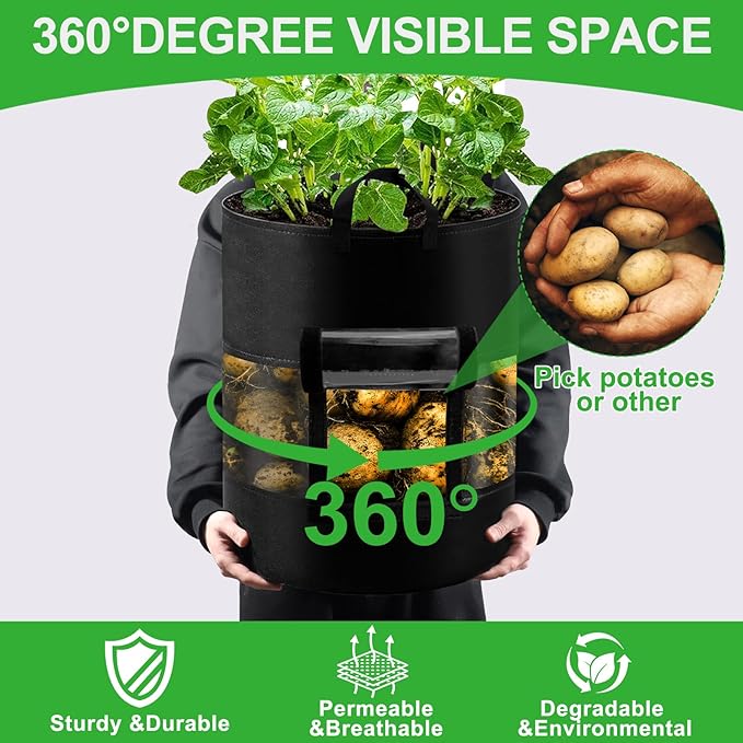 4 Pack 7 Gallon 360°Visible Potato Grow Bags,Heavy Duty Thickened Nonwoven Fabric Planter Bags with 2 Clear Harvest Windows&Removable Shading Cover,Reinforced Handles,Vegetable Grow Bags with Labels