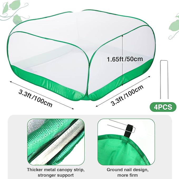 Pop Up Garden Netting for Square Raised Beds - 3.3'L x 3.3'W x 1.65'H Ultra Fine Mesh Net Plant Cover with 4 Stakes, Protection for Vegetables Fruit from Birds Pests